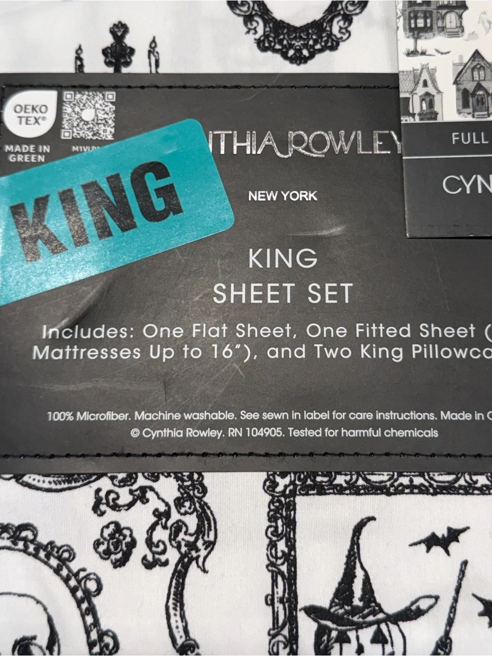 Cynthia Rowley King Sheet Set Halloween Gothic Skulls Pumpkins Black White 4pc